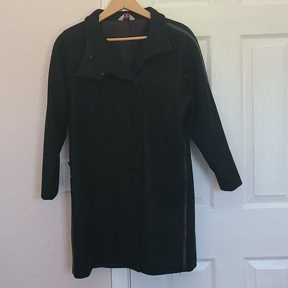 Black Collared Peacoat Longline Coat Button Detailing on Sleeves - Picture 1 of 5